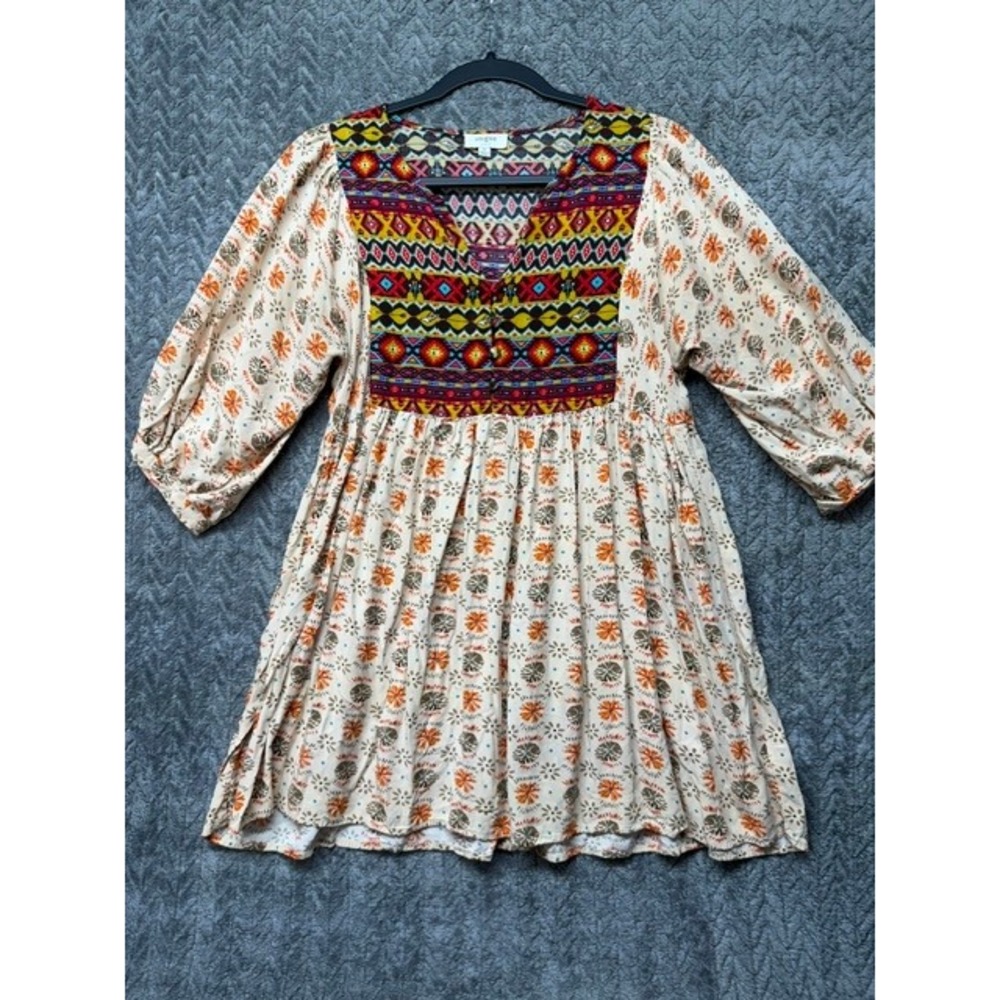 Umgee USA Boho Mixed Print Babydoll Tunic Top Cream Floral Tribal Medium 0721